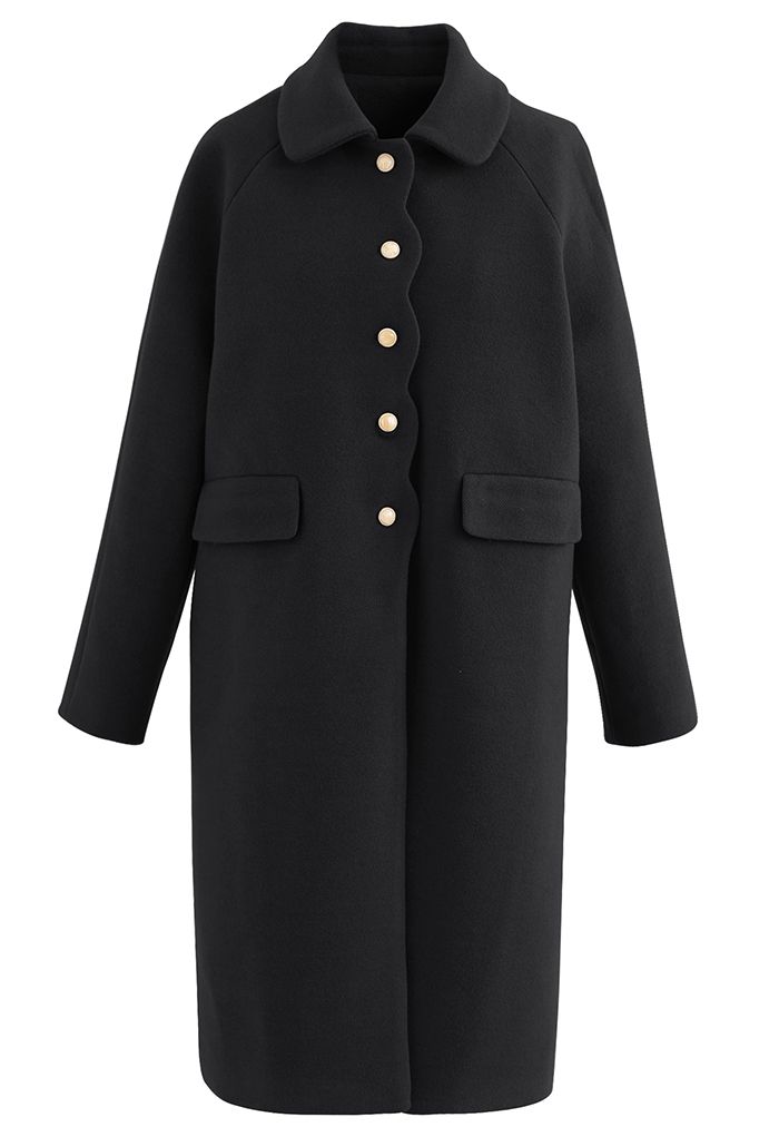 Manteau long boutonné en laine mélangée à bord festonné en noir