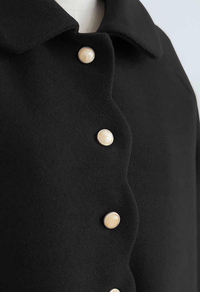 Manteau long boutonné en laine mélangée à bord festonné en noir