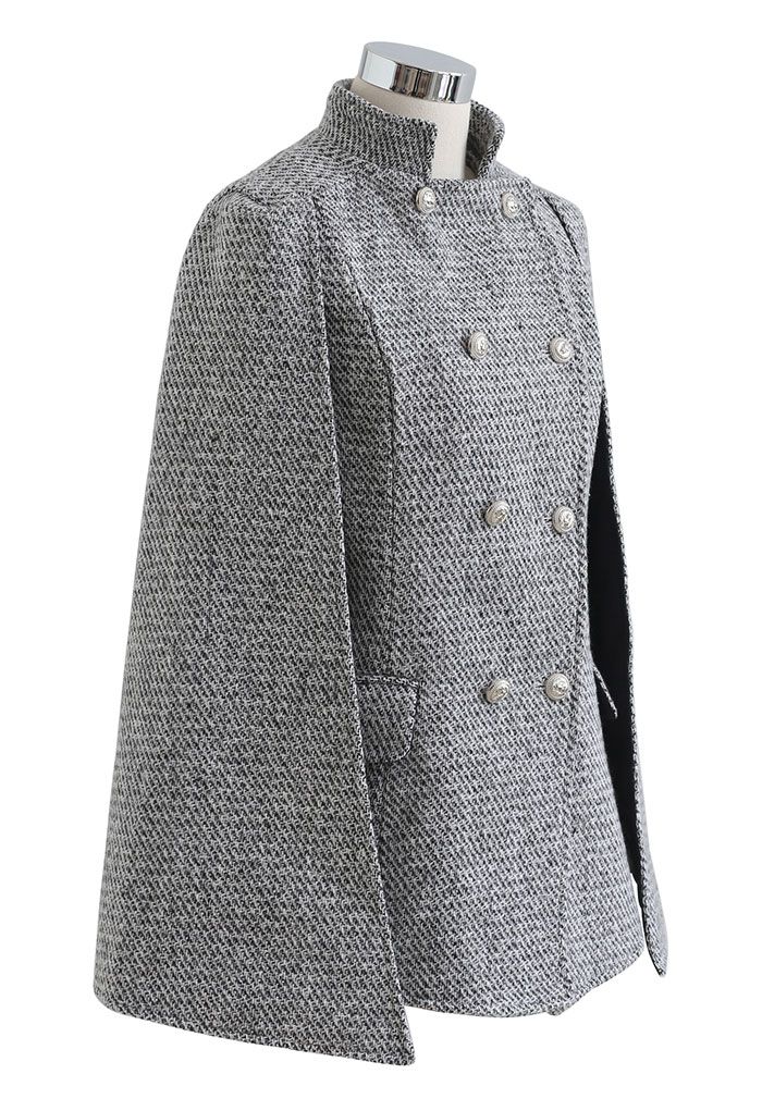 Manteau cape en tweed à double boutonnage avec poche à rabat
