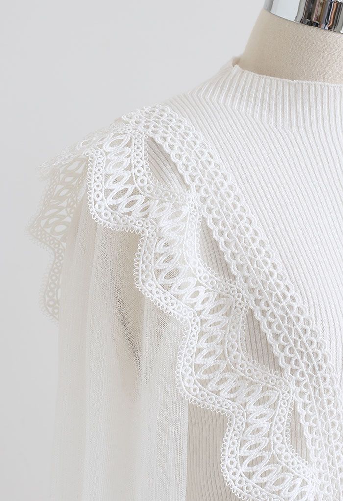 Haut en tricot à manches en maille crochet festonnée en blanc