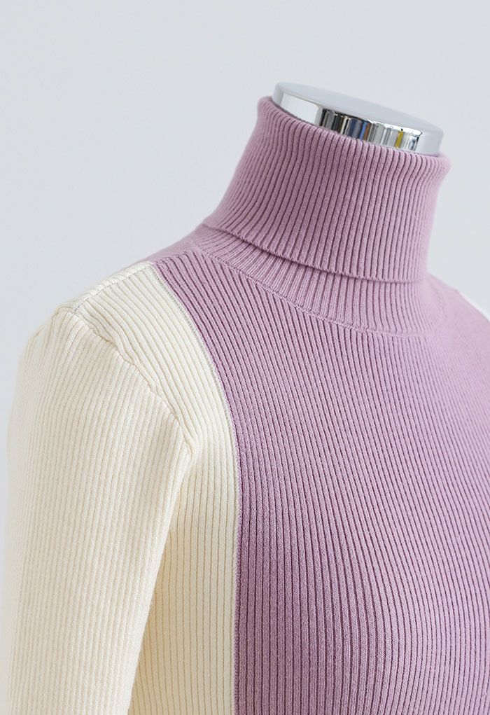 Haut en tricot ajusté à col roulé bicolore en lilas