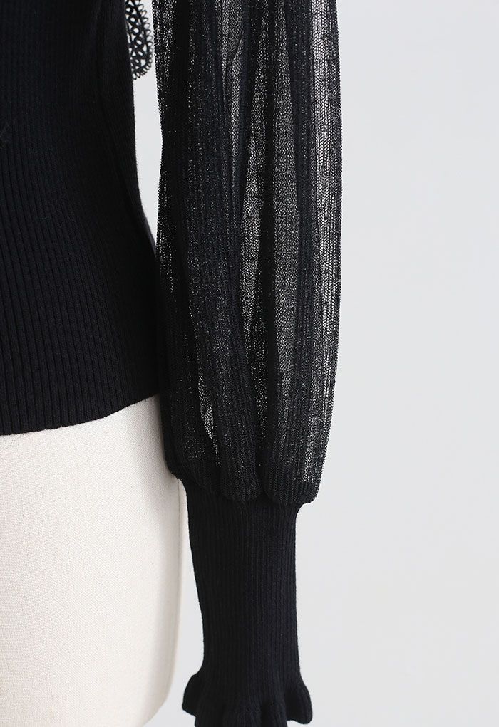 Haut en tricot à manches en maille crochet festonnée en noir
