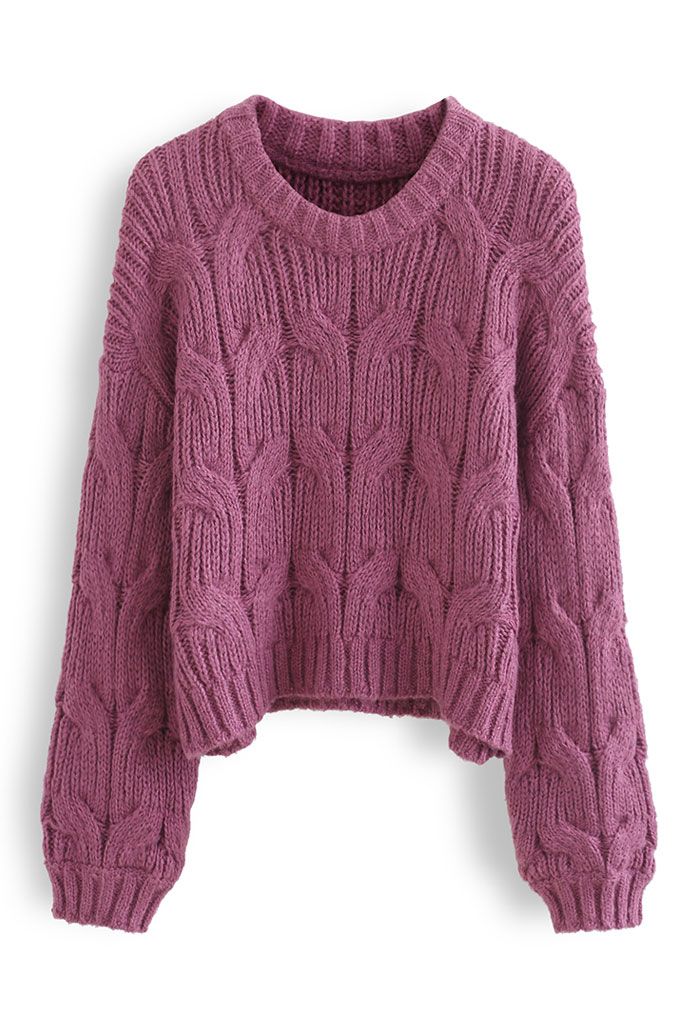 Cropped Round Neck Braid Knit Sweater in Berry