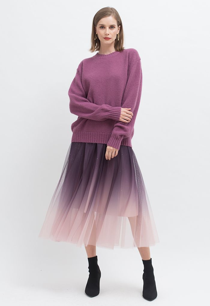 Pull côtelé doux en tricot flou en violet