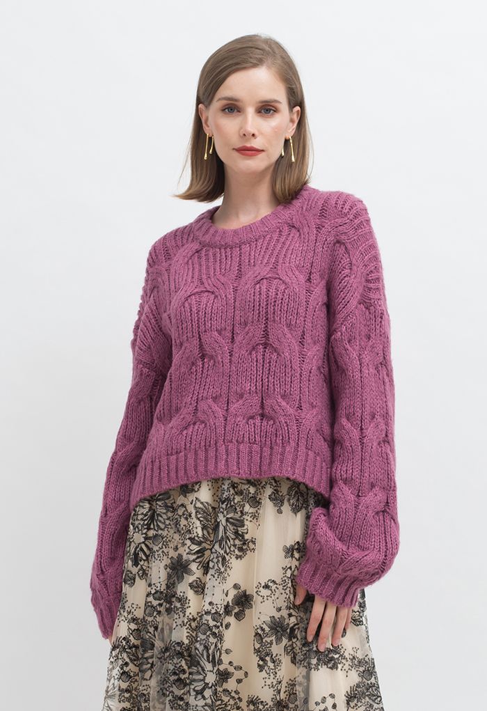 Cropped Round Neck Braid Knit Sweater in Berry