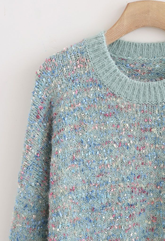 Pull long surdimensionné en tricot de couleurs mélangées en turquoise
