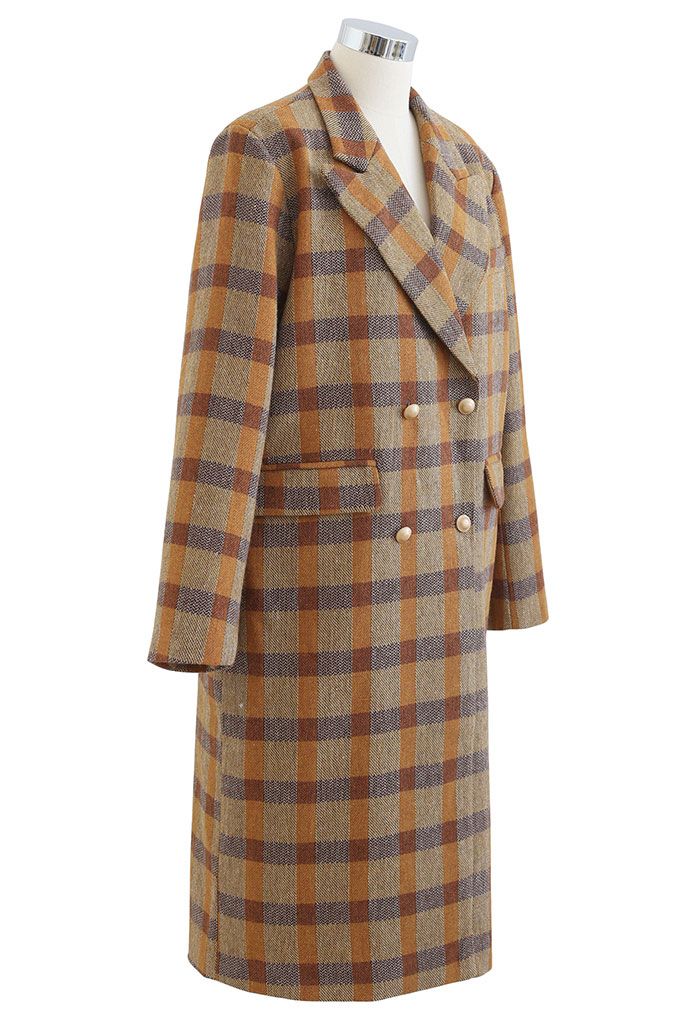 Manteau long croisé en laine mélangée à carreaux colorés
