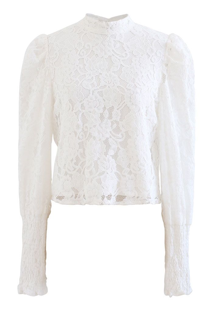 Floral Lace Puff Shoulder Bowknot Top in White
