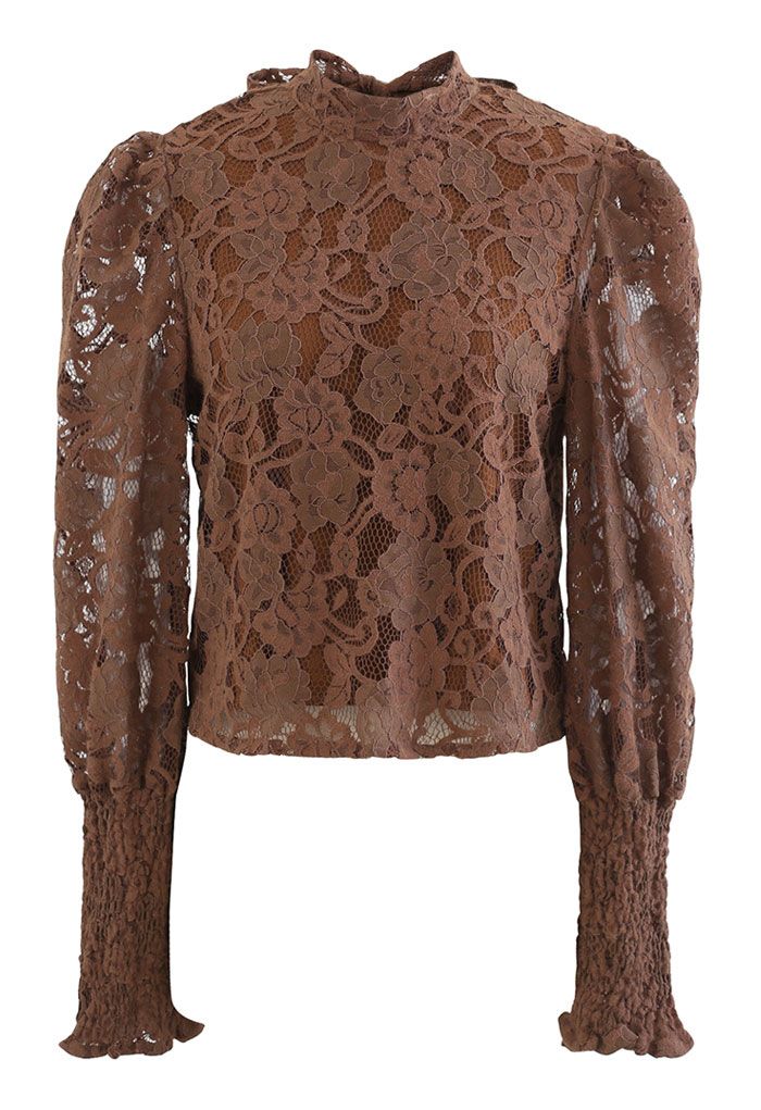 Floral Lace Puff Shoulder Bowknot Top in Brown