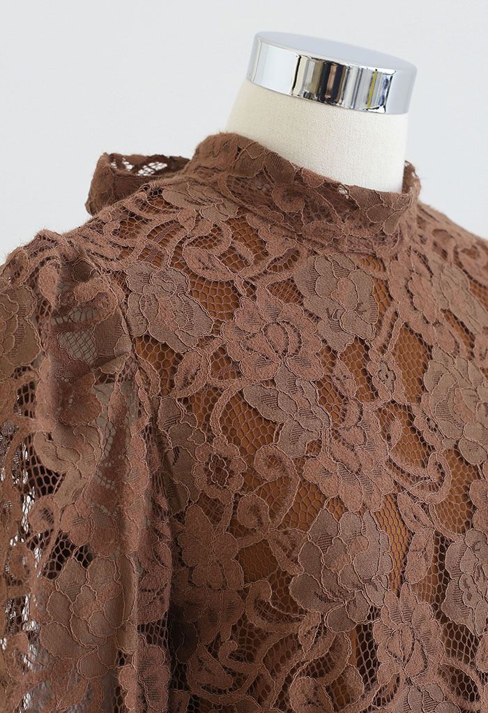 Floral Lace Puff Shoulder Bowknot Top in Brown