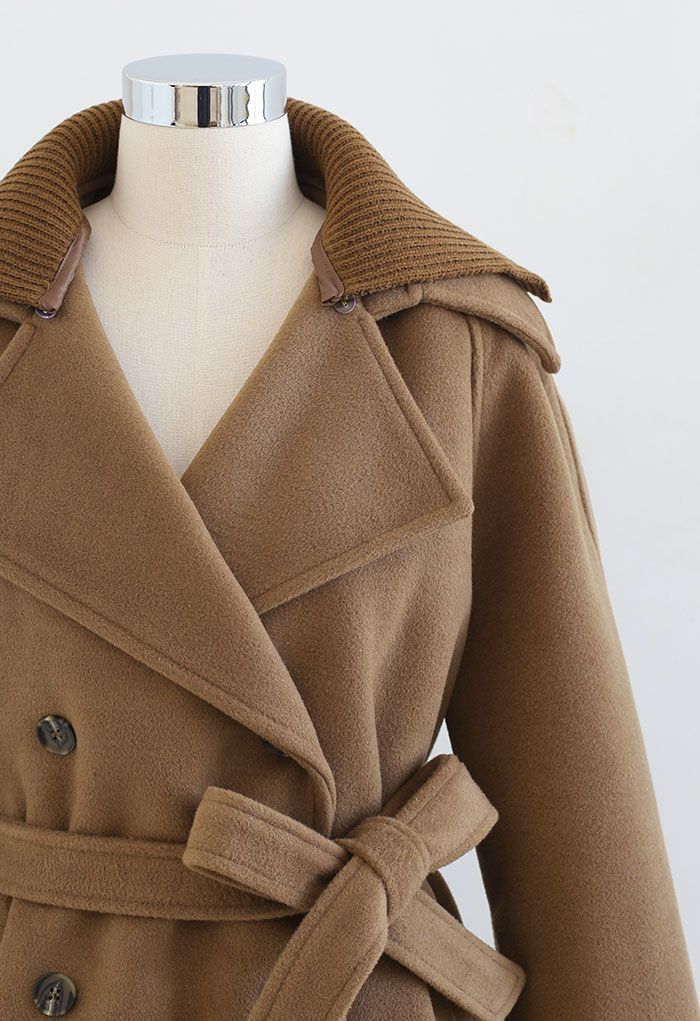 Manteau croisé en laine mélangée à col tricoté en marron
