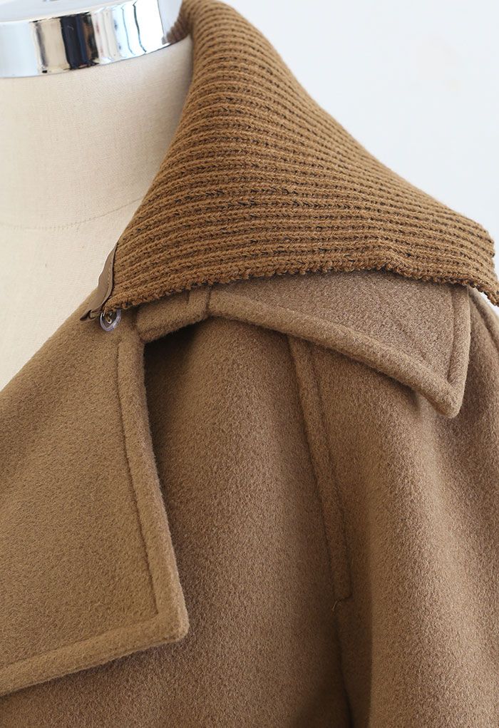Manteau croisé en laine mélangée à col tricoté en marron
