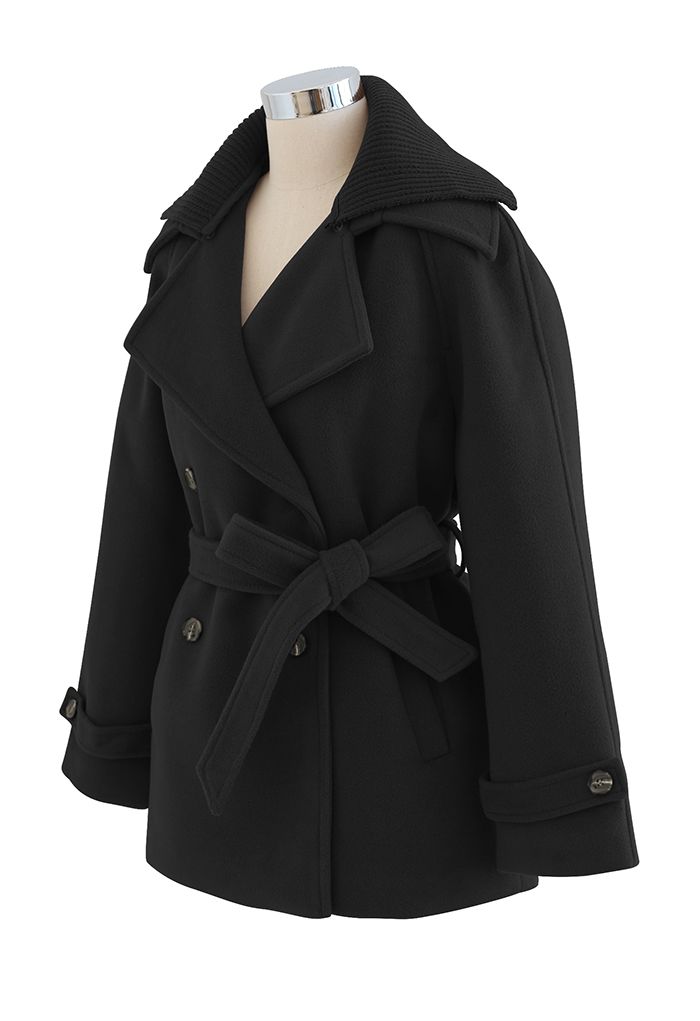 Manteau croisé en laine mélangée à col tricoté en noir