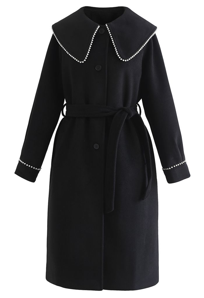 Manteau long boutonné en laine mélangée à bord nacré en noir