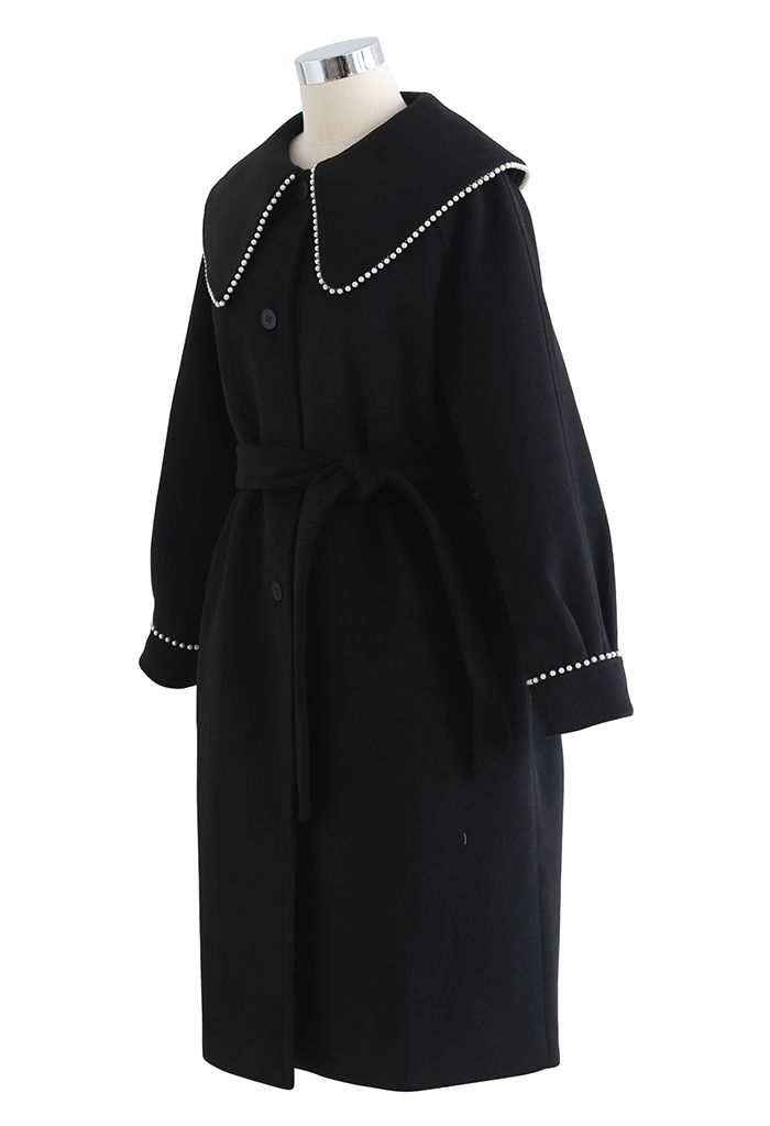 Manteau long boutonné en laine mélangée à bord nacré en noir