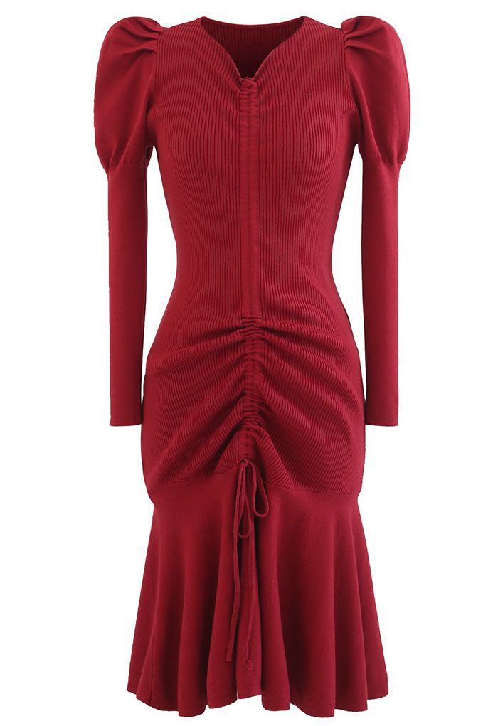 Robe mi-longue en tricot à ourlet volanté avec cordon de serrage en rouge