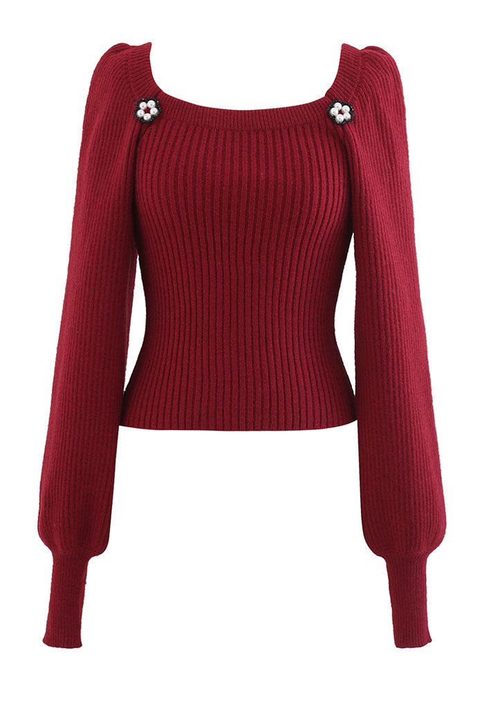 Pearly Flower Square Neck Crop Knit Top in Red