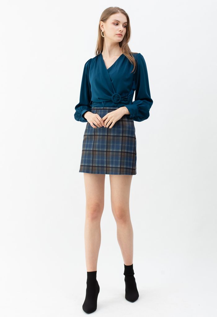 Mini-jupe à carreaux en laine mélangée bleue