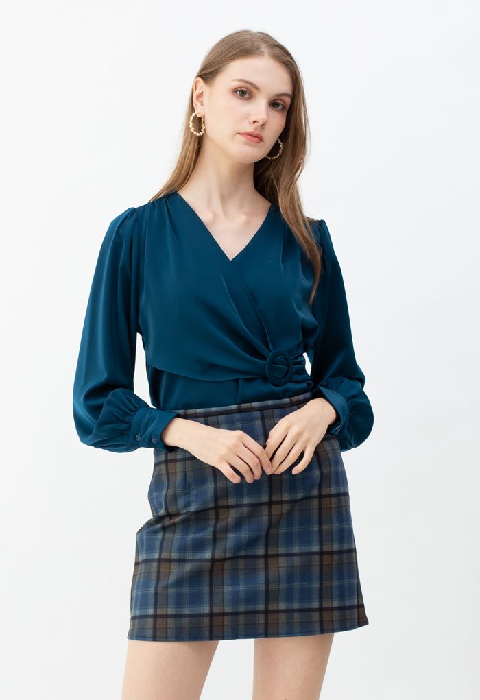 Mini-jupe à carreaux en laine mélangée bleue