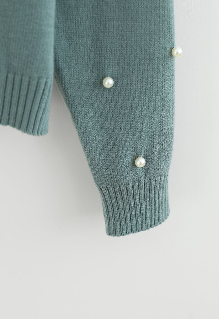 Pull en tricot côtelé à manches bordées de perles en vert