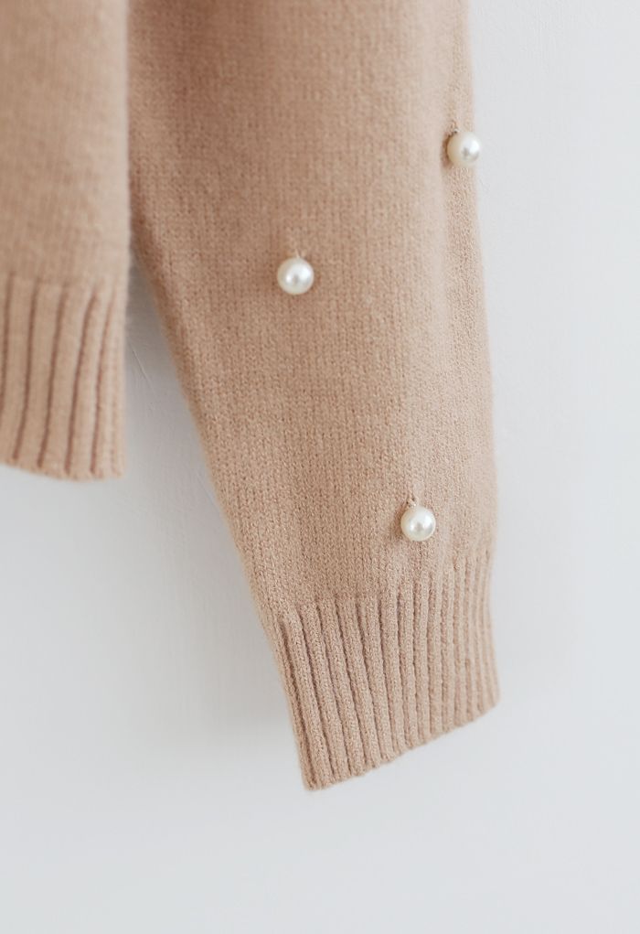 Pull en tricot côtelé à manches bordées de perles en fauve clair