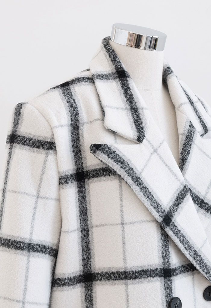 Manteau long à double boutonnage et imprimé quadrillé en blanc