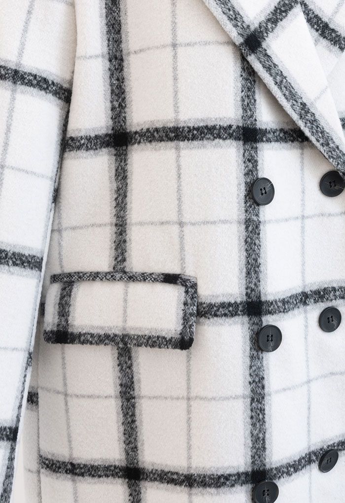 Manteau long à double boutonnage et imprimé quadrillé en blanc