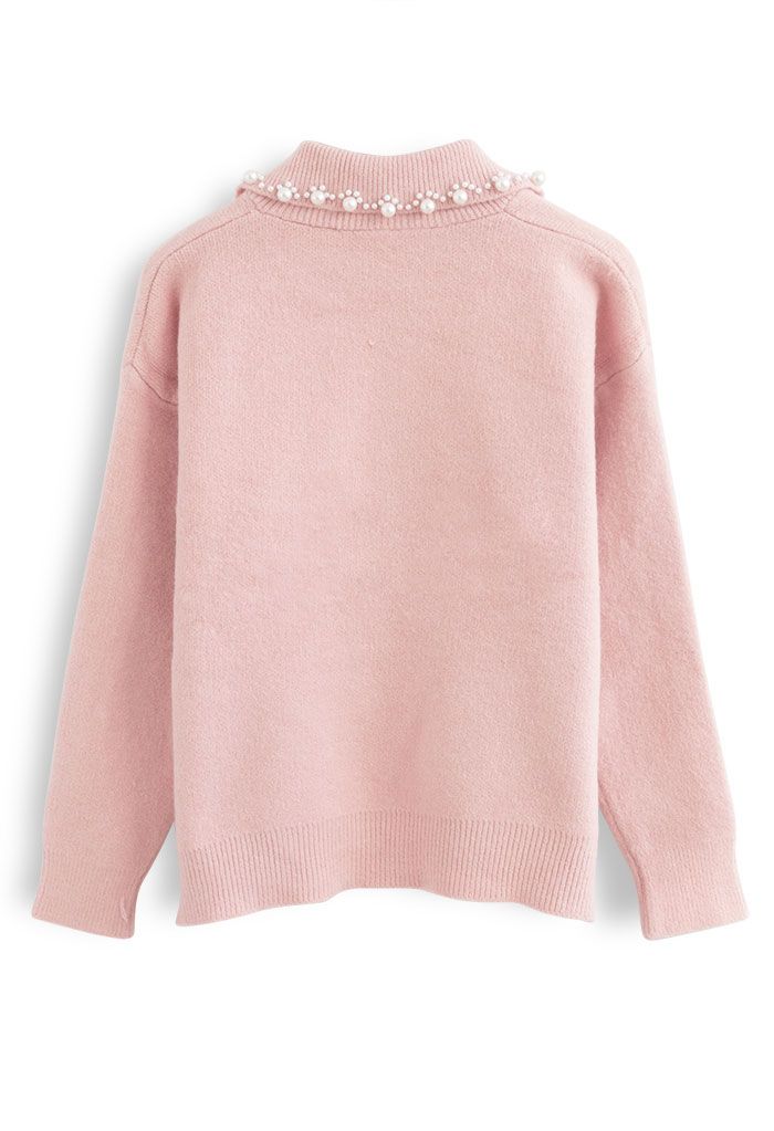 Pull en tricot doux au toucher avec col bordé de perles en rose