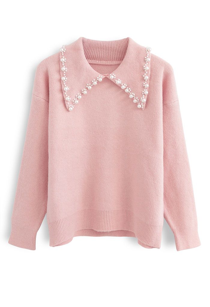 Pull en tricot doux au toucher avec col bordé de perles en rose