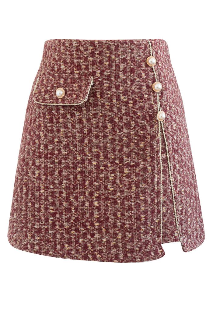 Mini jupe boutonnée en tweed à franges dorées en rouge