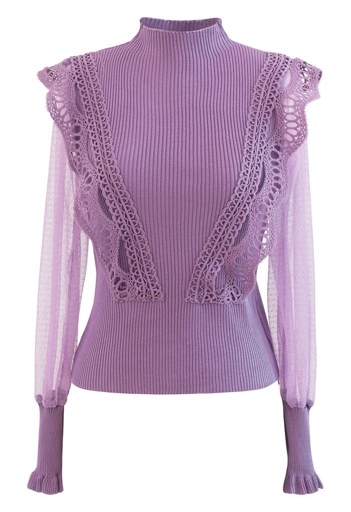 Haut en tricot à manches en maille crochet festonnée en violet