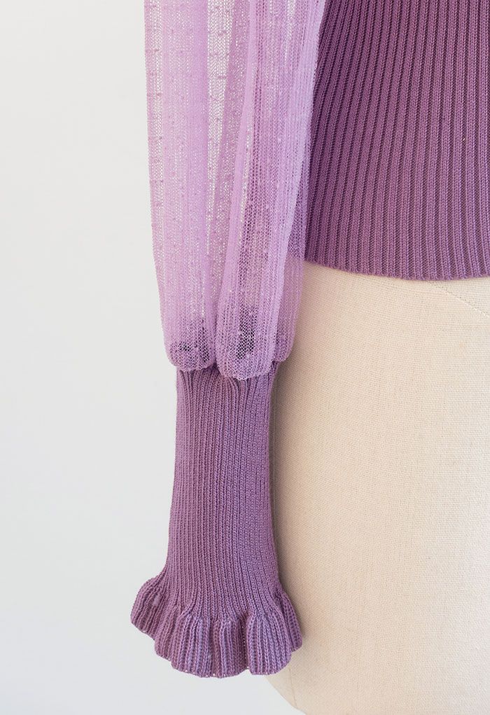 Haut en tricot à manches en maille crochet festonnée en violet
