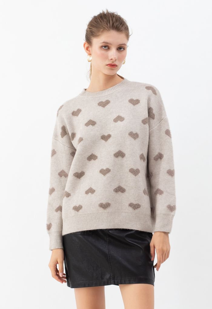 Pull en tricot Taupe Fuzzy Cœurs de couleur contrastée