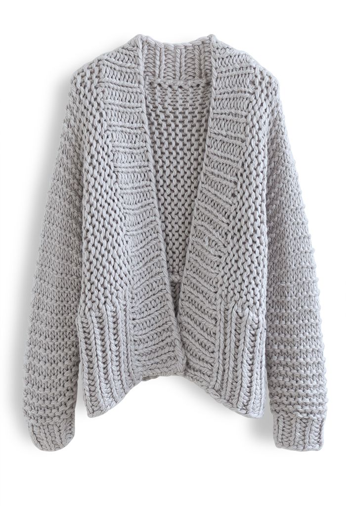 Cardigan épais tricoté à la main de couleur unie en gris