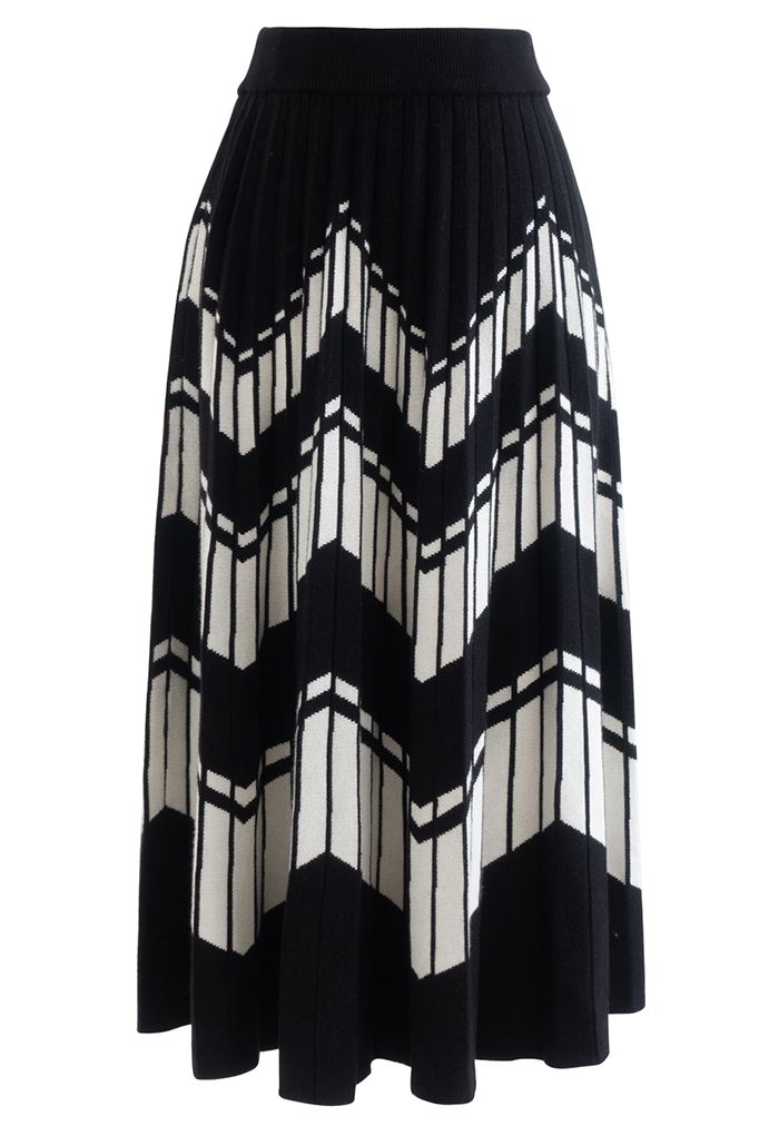 Jupe plissée en tricot zigzag contrasté en noir