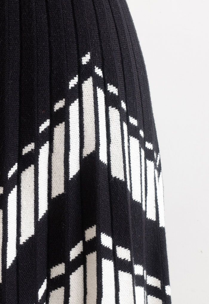 Jupe plissée en tricot zigzag contrasté en noir