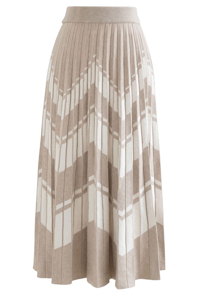 Jupe plissée en tricot zigzag contrasté en sable