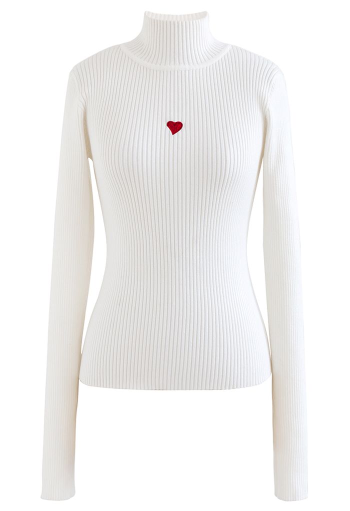 Haut en tricot ajusté à col montant Little Heart en blanc