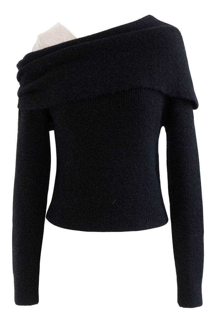 Pull en tricot à une épaule en dentelle en noir