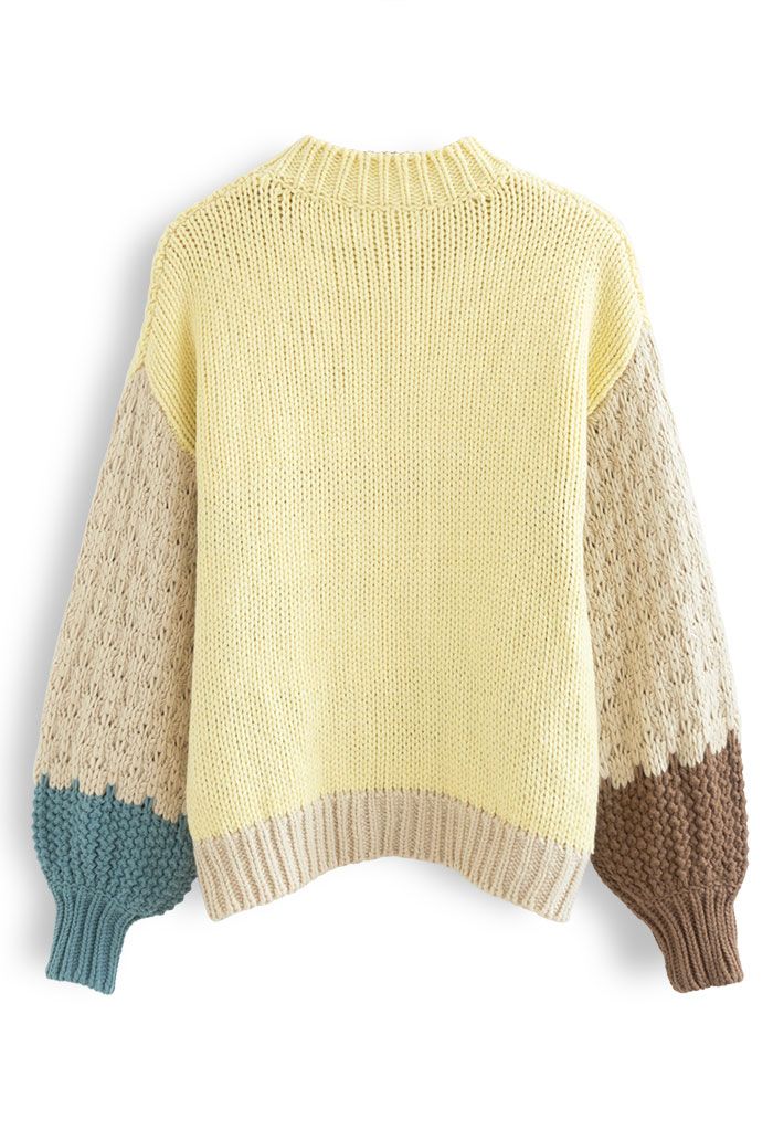Pull épais tricoté à la main avec blocs de couleurs en jaune