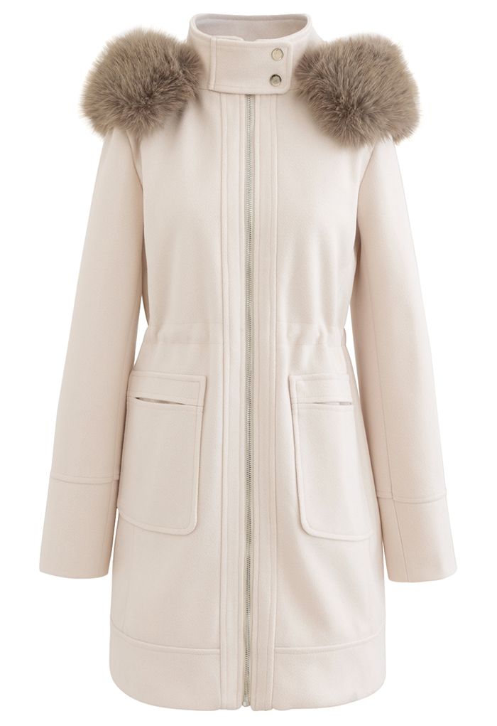 Manteau zippé en laine mélangée à capuche en fausse fourrure