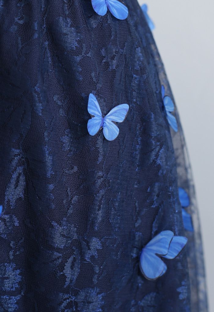 Jupe en maille à double épaisseur en dentelle papillon 3D en bleu marine