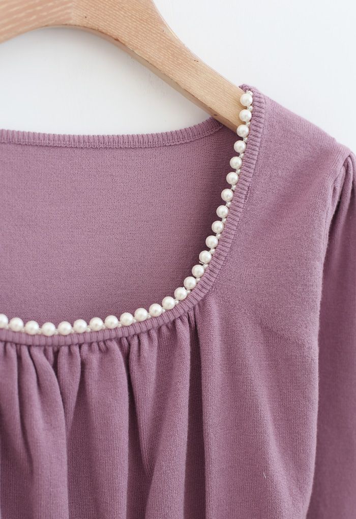 Haut en tricot péplum froncé à encolure carrée Pearl en lilas