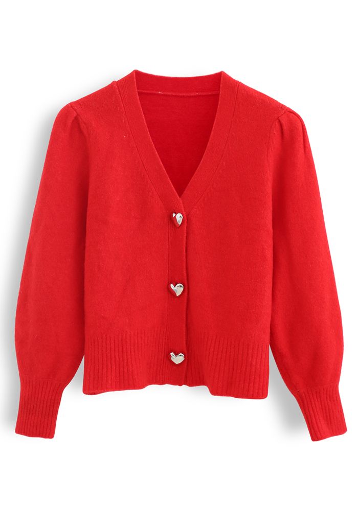 Cardigan en tricot à manches bouffantes avec boutons en forme de cœur en rouge
