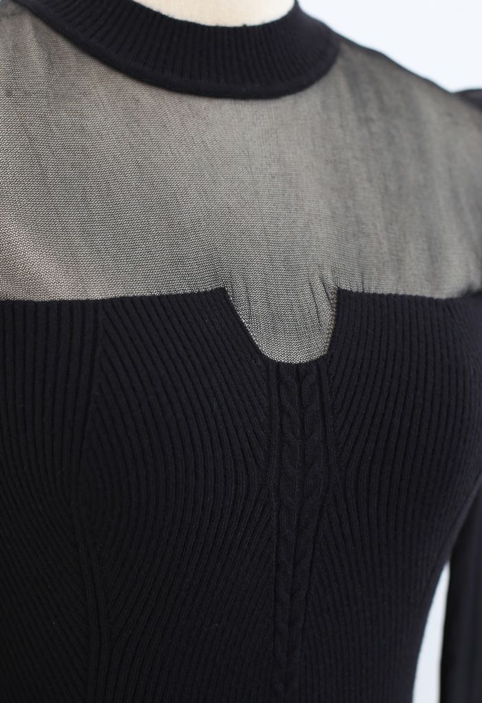 Haut en tricot à manches bouffantes en organza épissé en noir