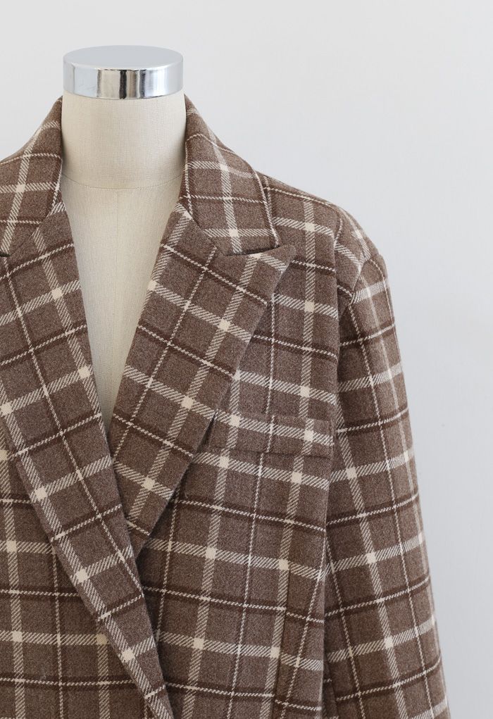 Manteau croisé à carreaux en laine mélangée marron