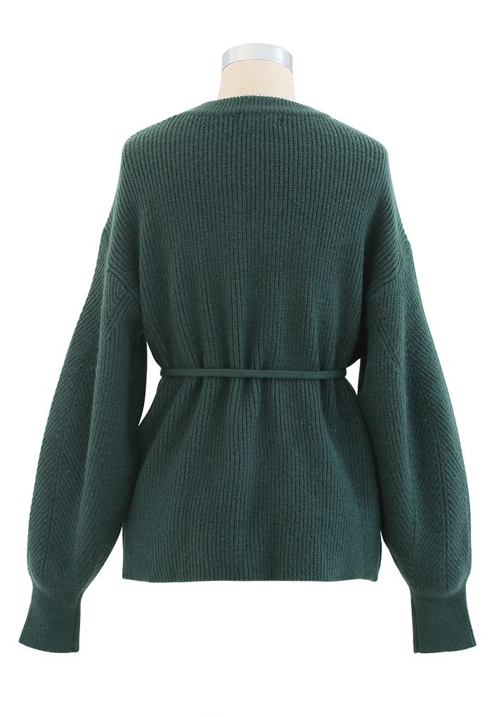 Pull en tricot côtelé confortable avec ficelle en vert foncé