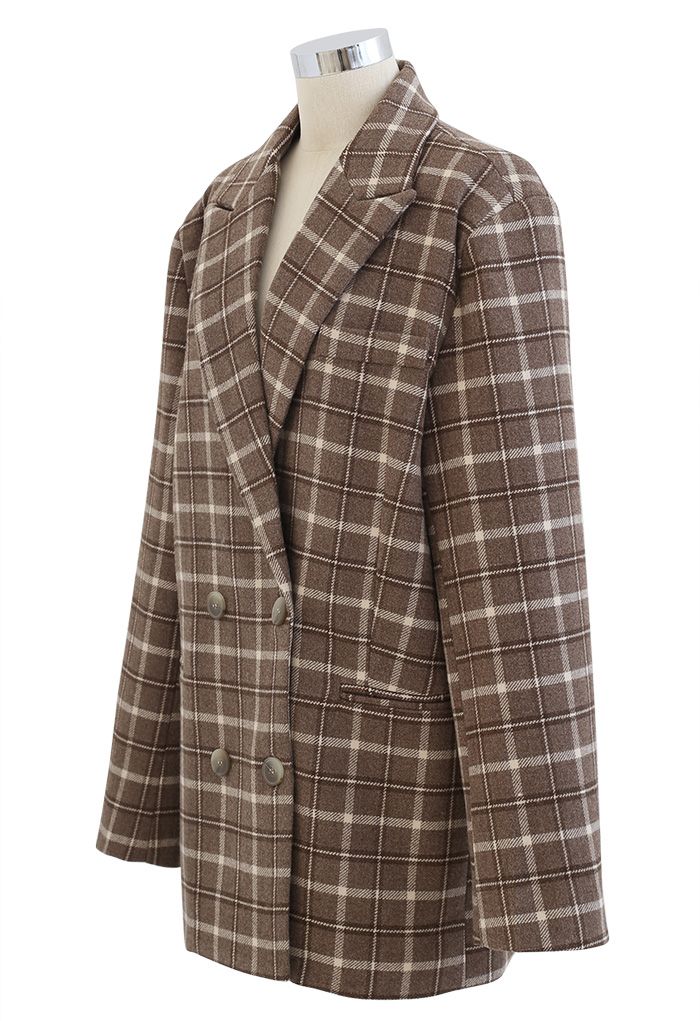Manteau croisé à carreaux en laine mélangée marron