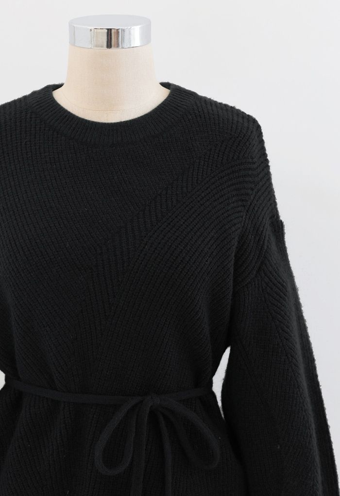 Pull en tricot côtelé confortable avec ficelle en noir