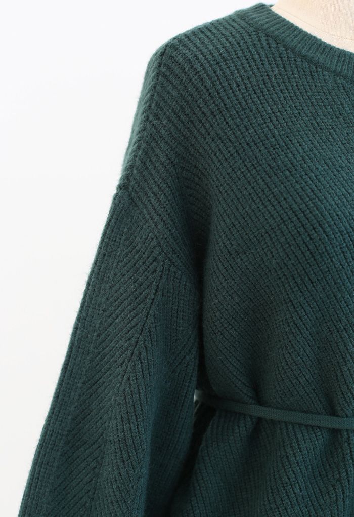 Pull en tricot côtelé confortable avec ficelle en vert foncé